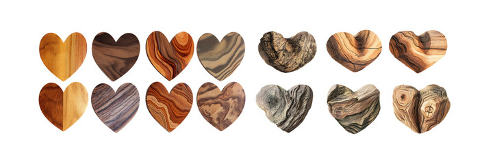 Pack of Unique Wood Grain Heart Collection Natural Wood Heart Shapes for Crafts Decor or Gifts against transparent Background