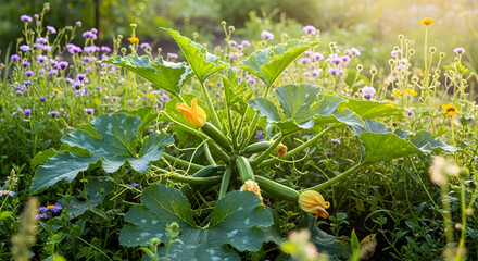 Vibrant Zucchini Patch Flourishing Amidst Colorful Wildflower Garden Scenery