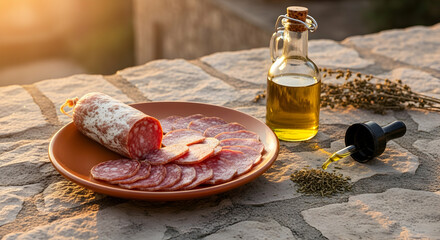 Aromatic Salami And Golden Oil: Culinary Still Life At Sunset