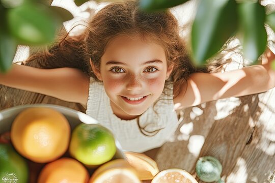 Smiling girl lying on wooden table with citrus fruits and green leaves