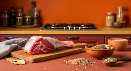 Raw Lamb Leg Ready For Preparation In Culinary Kitchen Setting