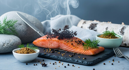 Elegant Display of Smoked Salmon with Herbs and Rustic Accents