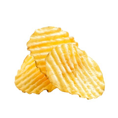 Three golden wavy potato chips piled together isolated on transparent background