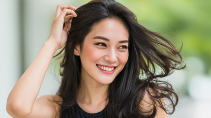 Fototapeta premium A young woman with long black hair smiles brightly, touching her hair in a natural, outdoor setting with a blurred green background.