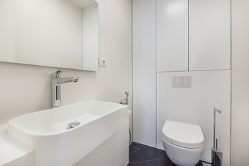A modern bathroom with a minimalist design, elegant white plumbing fixtures and a large mirror. Natural light illuminates the space, emphasizing the purity of lines and functionality.