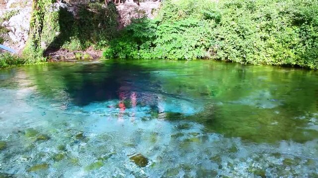 Unique karst source of water gushing from the ground called the Blue Eye or Syri i Kalter. Natural phenomenon occurring in the village of Muzine, Albania. River framed by green trees.