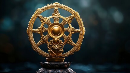 Obraz premium Golden Dharmachakra, Buddhist Wheel of Law, sits on a lotus base against a dark background.