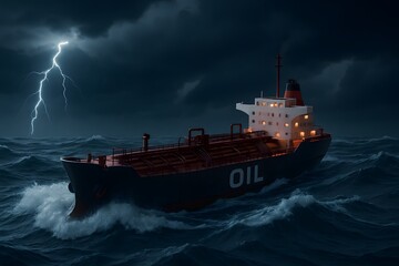 Dramatic Scene of Oil Tanker Navigating Stormy Seas at Night