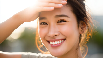 A young woman smiles brightly while shielding her eyes from the sun, radiating warmth and happiness in a sunlit outdoor setting.