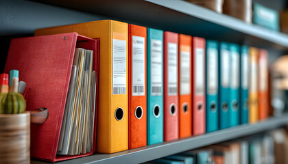 Organized technical documentation manuals in binders. Information stored, accessible. Office documents, reports, handbooks for business, education. Archive, data, files, paperwork, information,