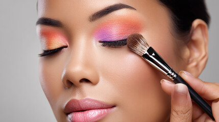 A close-up of a woman applying vibrant eyeshadow in shades of pink, orange, and purple using a makeup brush.