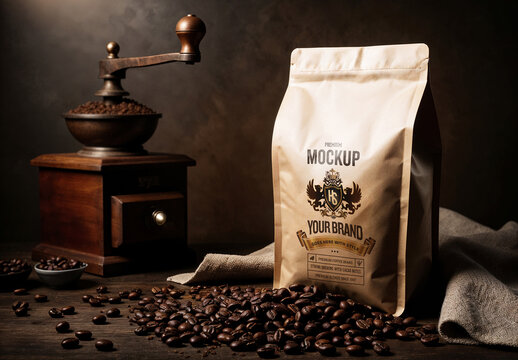 Coffee Packaging Mockup with Grinder and Beans in Rustic Dark Setting