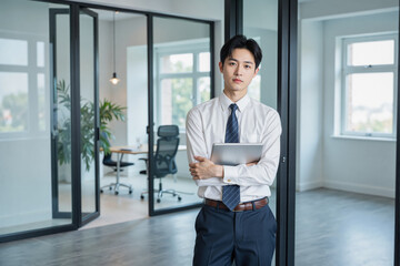 Young professional man in business attire confidently stands in a modern, bright office holding a laptop.