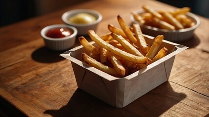 Golden Crispy French Fries in Rustic Serving Dishes