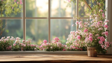Fototapeta premium Spring Window Scene with Pink Flowers