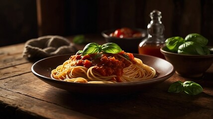 Homemade Spaghetti with Tomato Sauce and Basil in Rustic Setting