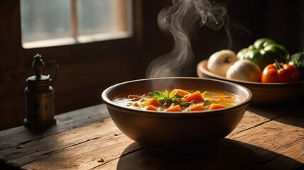 Homemade Vegetable Soup in Rustic Bowl with Steam
