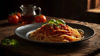Homemade Spaghetti with Tomato Sauce and Basil in Rustic Setting