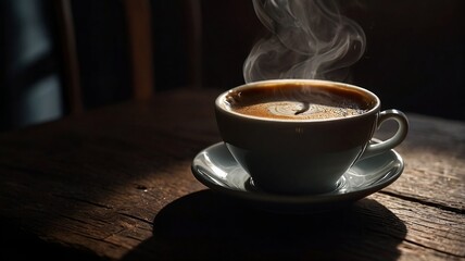 Steaming Hot Cup of Coffee on Rustic Wooden Table