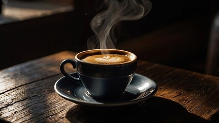 Steaming Hot Cup of Coffee on Rustic Wooden Table