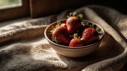 Fresh Organic Strawberries in Bowl with Natural Light