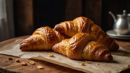 Buttery Croissants Freshly Baked on Rustic Paper – French Style Pastry