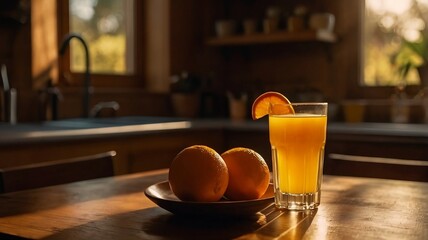 Fresh Orange Juice with Fruit on Rustic Morning Table