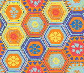 Geometric vector hexagon seamless pattern featuring multicolored segments, flowing across surface for textile, wallpaper, digital art background printing