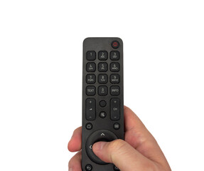 White male hand on white background presses buttons on TV remote control, man switches TV channels...