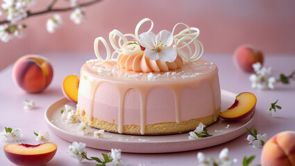 Shiny peach mousse cake with floral decor, on ceramic plate surrounded by peach slices and white flowers, dreamy blush background, soft morning light.

