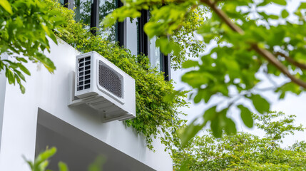 An air conditioning unit is installed on a white building facade surrounded by vibrant green trees and foliage on a sunny day.