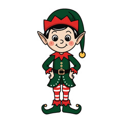 A festive cartoon illustration of a friendly Christmas elf standing with hands on hips and a cheerful smile