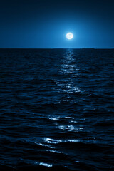 This photo illustration of a deep blue moonlit ocean at night with calm waves would make a great travel background for any coastal region or vacation, emphasizing the beauty of the night time sea.