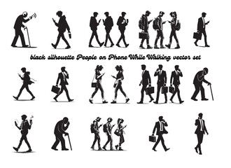 People Multitasking with Phones While Walking – Stylish Silhouette Vector Art