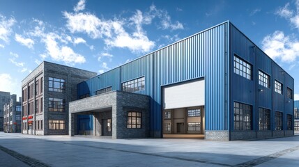 Obraz premium Modern industrial building complex with blue metal siding