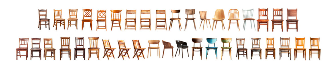 Pack of Extensive Collection of Wooden Chairs Styles Designs  Variations against transparent Background