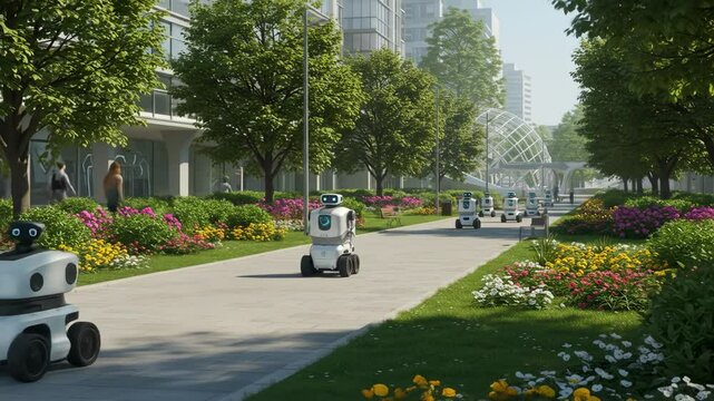 Multiple small white robots moving on urban pathway futuristic urban environment