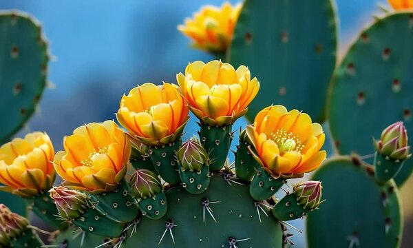 Close Up View of Blooming Yellow Cactus Flowers with Green Cactus Pads and Blue Background