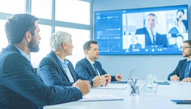 Realistic photo of a team in a video meeting with remote members on-screen. Modern hybrid work and digital collaboration concept.