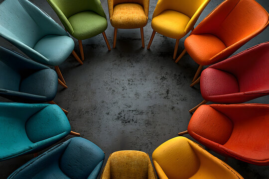 Colorful chairs circle arrangement meeting collaboration teamwork discussion group therapy concept