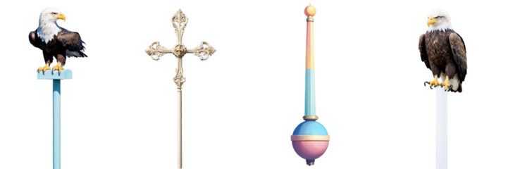 Mixed set of eagle and cross shaped flagpole finials with colorful design on transparent background