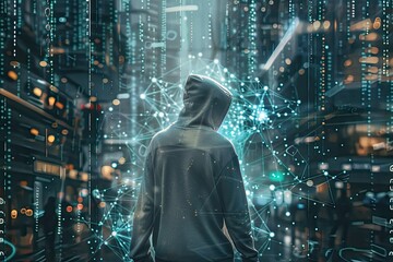 Hacker standing in front of computer code network and server racks