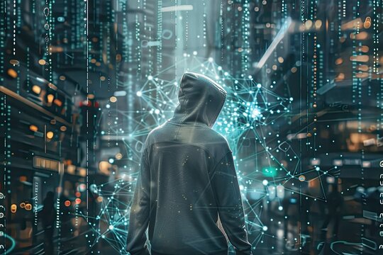 Hacker standing in front of computer code network and server racks - Powered by Adobe