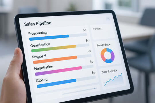 Sales pipeline dashboard on tablet screen showing prospecting, qualification, proposal, negotiation, and closed stages with colorful progress bars and sales analytics graph - Powered by Adobe