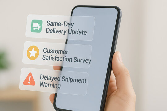 Same day delivery update, customer satisfaction survey, and delayed shipment warning notifications on smartphone screen held by hand, modern communication concept