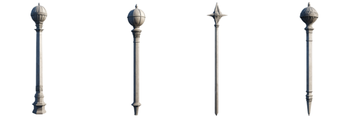 Set of silver ornate flagpole finials with domed and star designs on transparent background