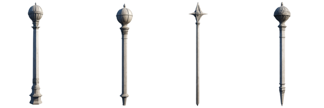 Set of silver ornate flagpole finials with domed and star designs on transparent background