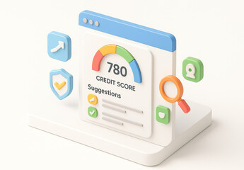 Credit score gauge showing high score of 780 with suggestions, surrounded by icons of security shield, magnifying glass, and user profile in clean 3D interface design