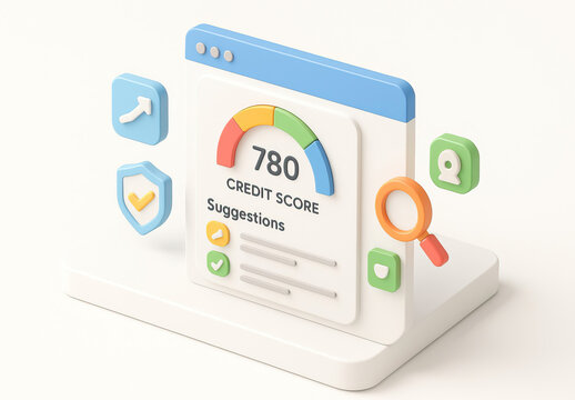 Credit score gauge showing high score of 780 with suggestions, surrounded by icons of security shield, magnifying glass, and user profile in clean 3D interface design