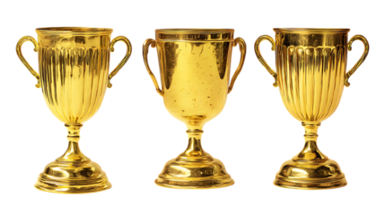 Three gold trophy cups, winners award, success.